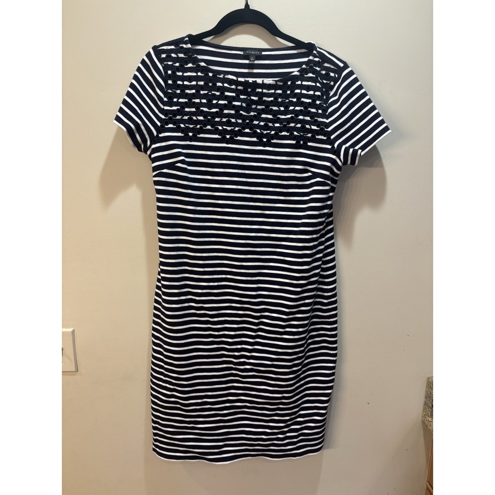 Talbots Dress Womens Navy Blue Size M - Stripe Short Sleeve 100% Cotton‎ Eyelet